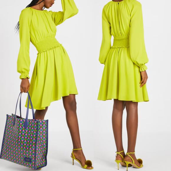 kate spade Dresses & Skirts - Kate Spade Smocked Silk Georgette Mini Dress Green/Yellow XL NWT